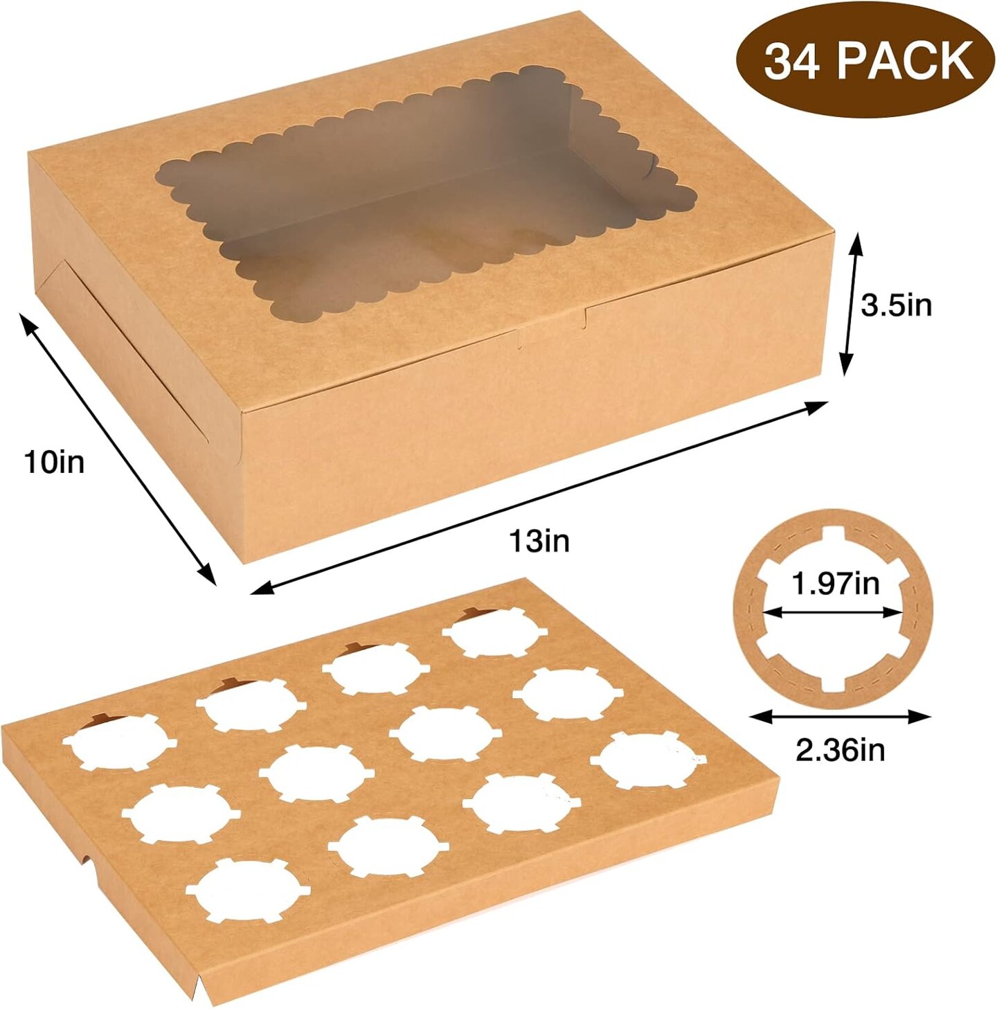 34-Pc Kraft Cupcake Boxes – 12-Count, Brown with Window & Inserts, 13x10x3.5in