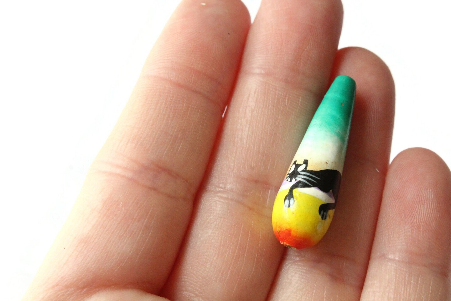 5 32mm Vintage Painted Clay Multicolor Teardrop Cat Peruvian Beads