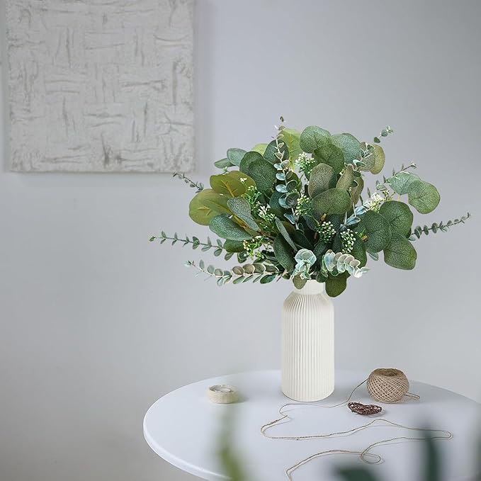 Artificial Eucalyptus Decor in White Ceramic Vase, Eucalyptus Leaves for Farmhouse Table Centerpiece, Home Office Kitchen Bathroom Decor