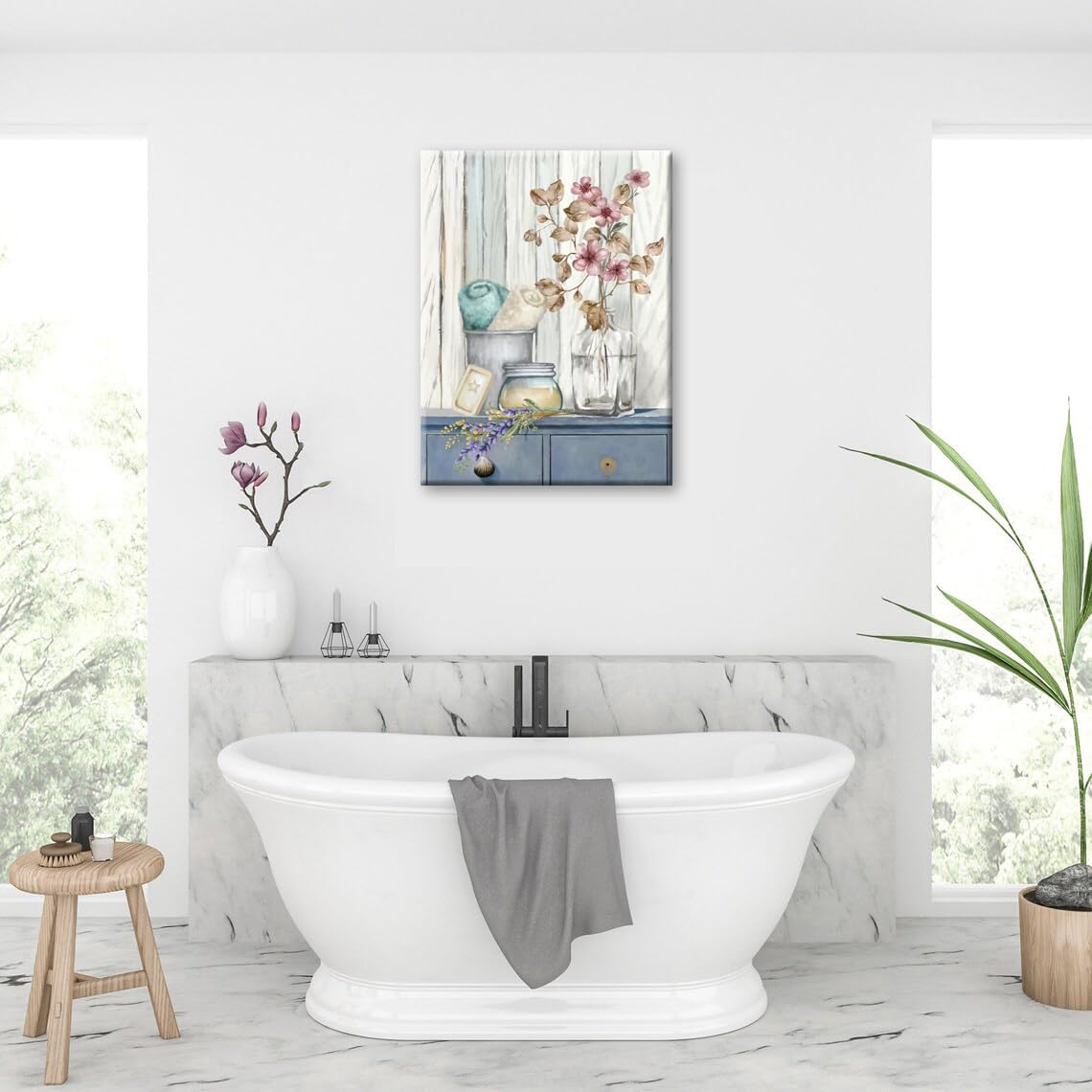 Bathroom Decor Wall Art Farmhouse Flower Pictures Laundry Room Bathroom Wall Decor Pink Poppy Vase Canvas Prints Blue White Painting Framed Artwork