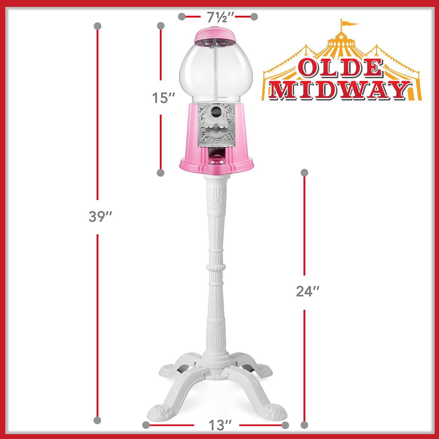 Olde Midway 15" Gumball Machine with Stand, Vintage-Style Bubble Gum Candy Dispenser with Glass Globe and Metal Base
