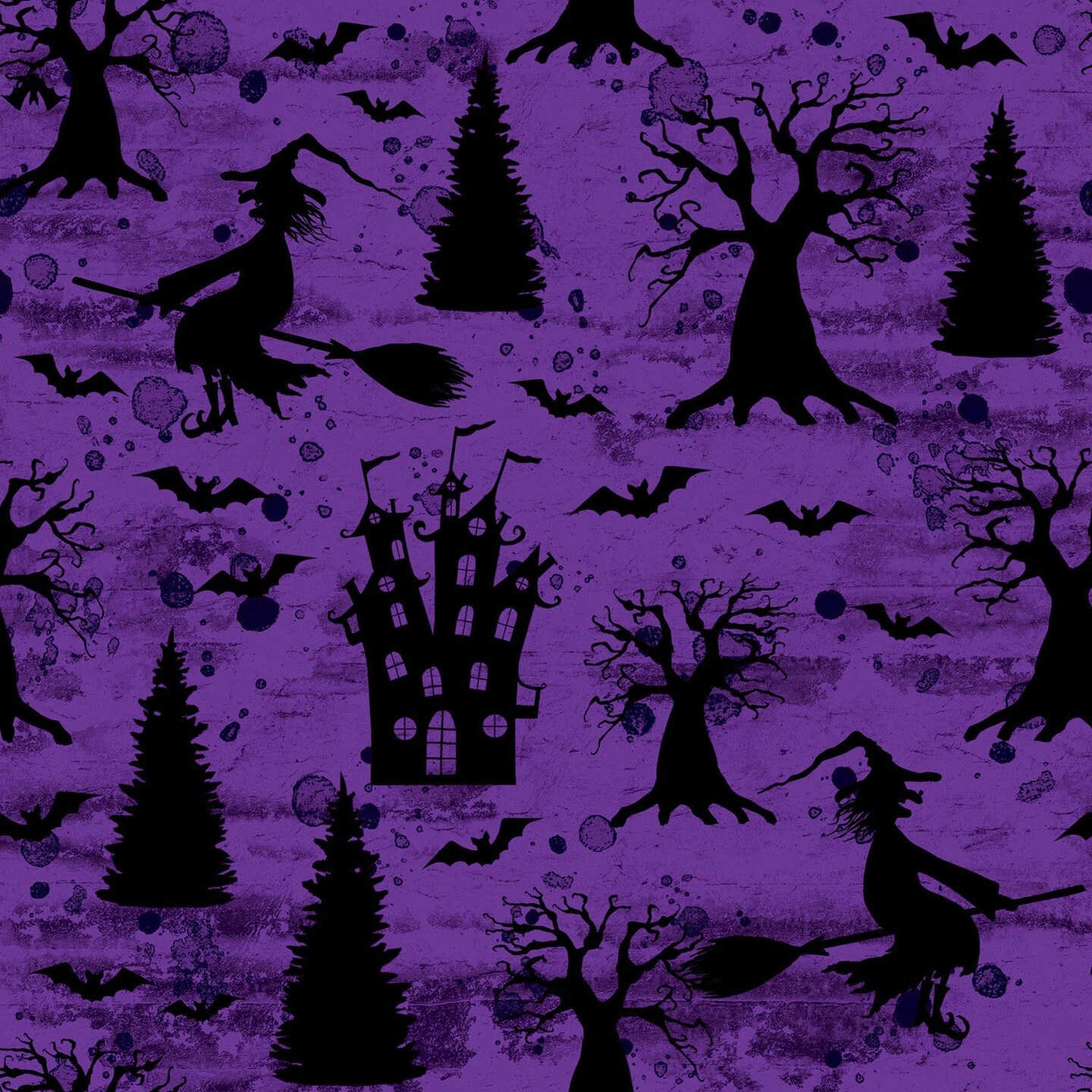 Halloween Witches Bats and Houses on Purple 100% Cotton Fabric