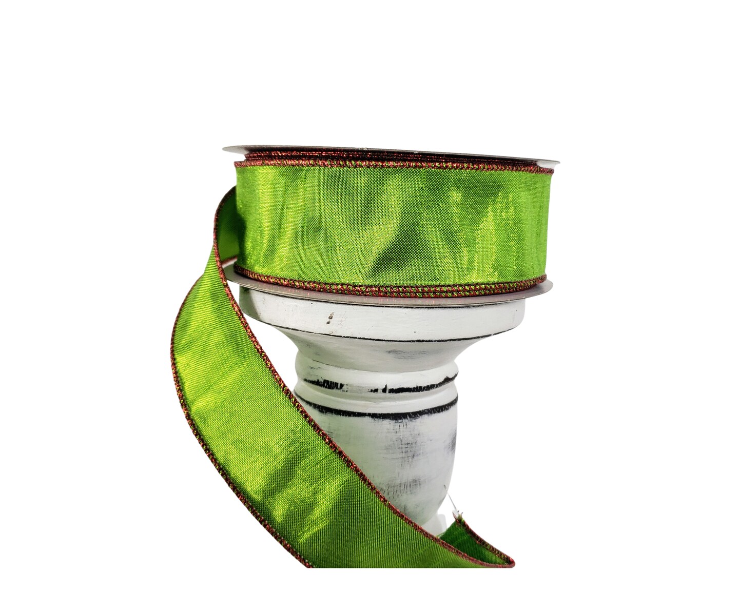 1.5&#x22;x10yd Metallic Faux Dupioni Wired Ribbon - Shimmering Elegance in Lime Green and Red-RGA1434WY