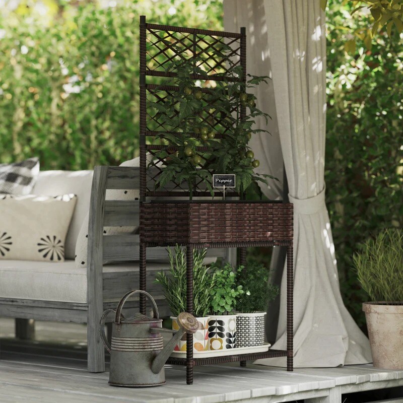 Outdoor Wicker Planter Box with Trellis &#x26; Shelf