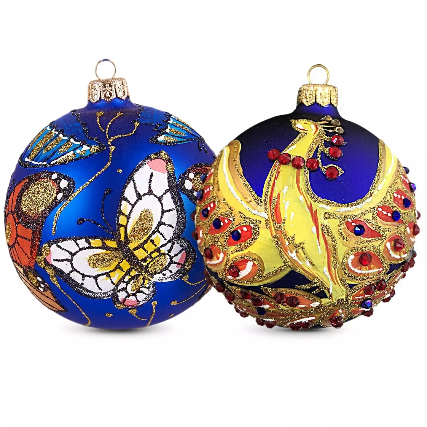 Firebird / Butterfly Ukrainian Christmas Glass Ball Ornament Set of 2 Baubles 4&#x22;