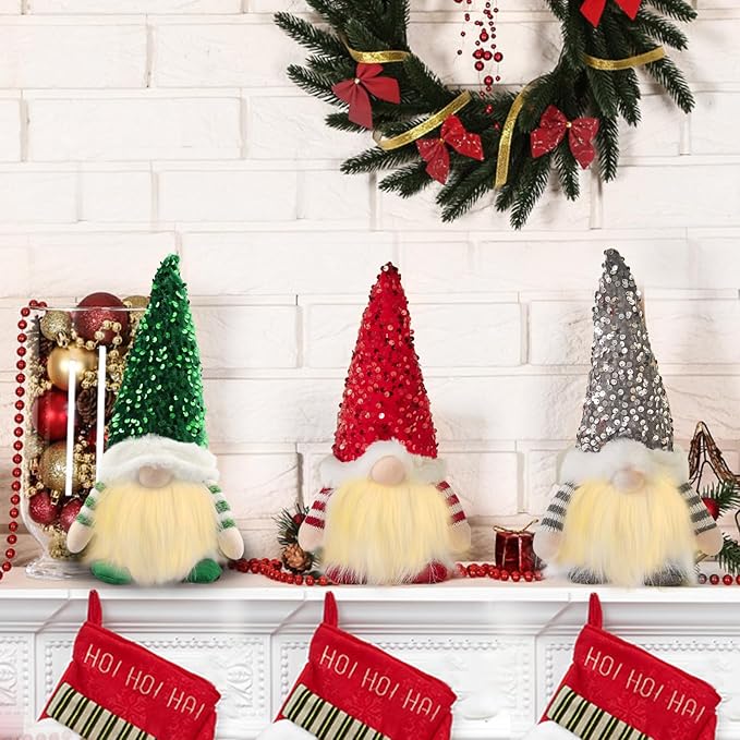 3PCS Gnome Christmas Decorations -12 Inch Light Up Christmas Gnomes Plush Doll Ornaments Glitter Sequins Swedish Hat Leprechaun Dwarf Gift Home Table Decor
