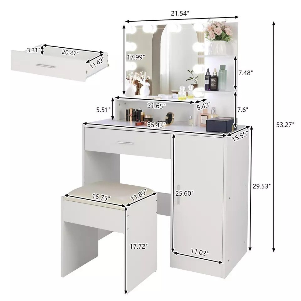 10 Lighted Mirror Makeup Vanity Table Set with Drawer and 3 Shelves + Cabinet