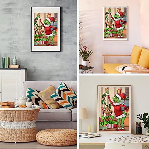 Christmas Diamond Painting Kits for Adults, Full Drill Round Merry Grinchmas Diamond Art Cartoon Gem Painting, Grinch Diamond Painting for Home Wall Decor 12x16inch