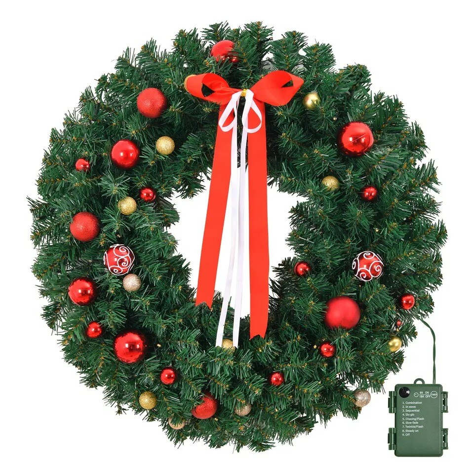 24" Battery Operated Artificial Pre-Lit Fir PVC Christmas Wreath Holiday Xmas