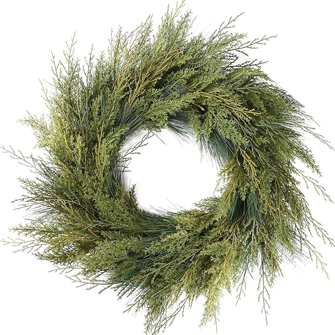24&#x22; Christmas Wreaths for Front Door, Real-Look Pine Needles Winter Xmas Wreath Outdoor Holiday Decoration, Door Reef for Farmhouse Front Porch Wall Window