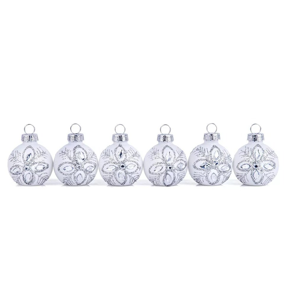 SET OF 6 Glass Christmas Ornaments Miniature Glass Bauble Ornaments,Silver White
