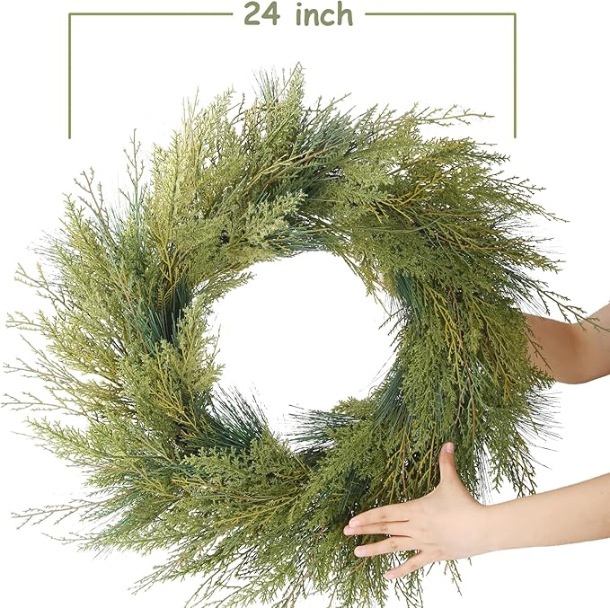 24&#x22; Christmas Wreaths for Front Door, Real-Look Pine Needles Winter Xmas Wreath Outdoor Holiday Decoration, Door Reef for Farmhouse Front Porch Wall Window