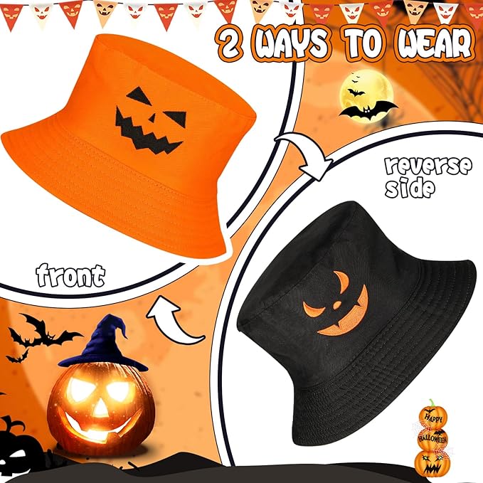 Halloween Bucket Hat for Women Pumpkin Fisherman Hat Cotton Lightweight Print Accessories for Sun Cute Men Fishing Cap Adult for Unisex Travel Orange, Black