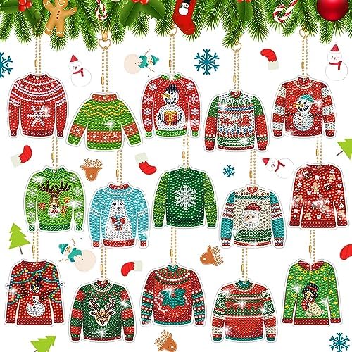 15 Pcs Christmas Ugly Sweater Diamond Painting Keychain 5d Double Sided Full Diamond Key Rings Diamond Painting Kits for Winter Christmas Hanging Ornaments for Crafts DIY Home Decor