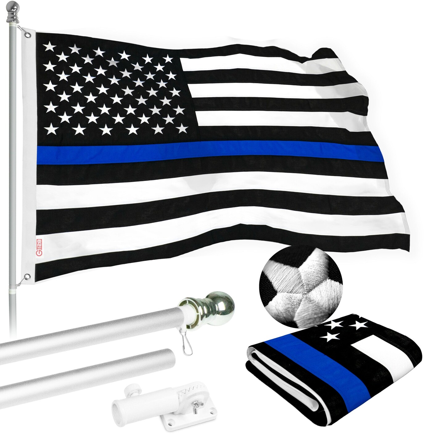 G128 - 5 Feet Tangle Free Spinning Flagpole (Silver) Thin Blue Line Flag Brass Grommets Spun Polyester 2x3 ft (Flag Included) Aluminum Flag Pole