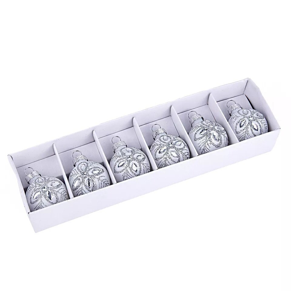SET OF 6 Glass Christmas Ornaments Miniature Glass Bauble Ornaments,Silver White