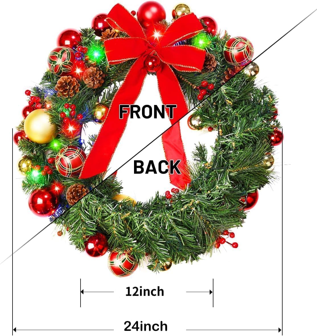 24 Inch Prelit Christmas Wreaths with 60 Lights for Front Door, Vlorart Large Lighted Christmas Wreath with Red Bow, Berries, Colored Balls, Battery Operated with Timer for Home Outdoor Decoration