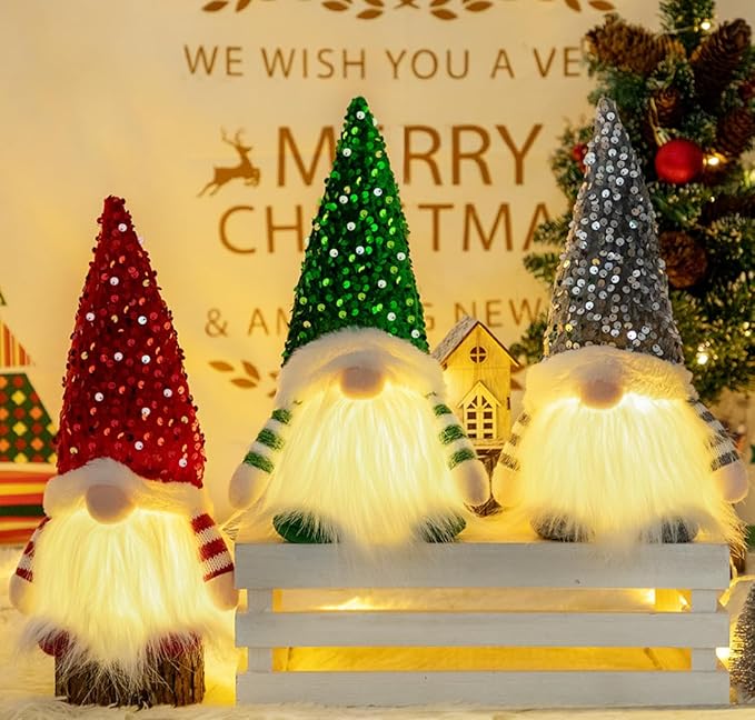 3PCS Gnome Christmas Decorations -12 Inch Light Up Christmas Gnomes Plush Doll Ornaments Glitter Sequins Swedish Hat Leprechaun Dwarf Gift Home Table Decor