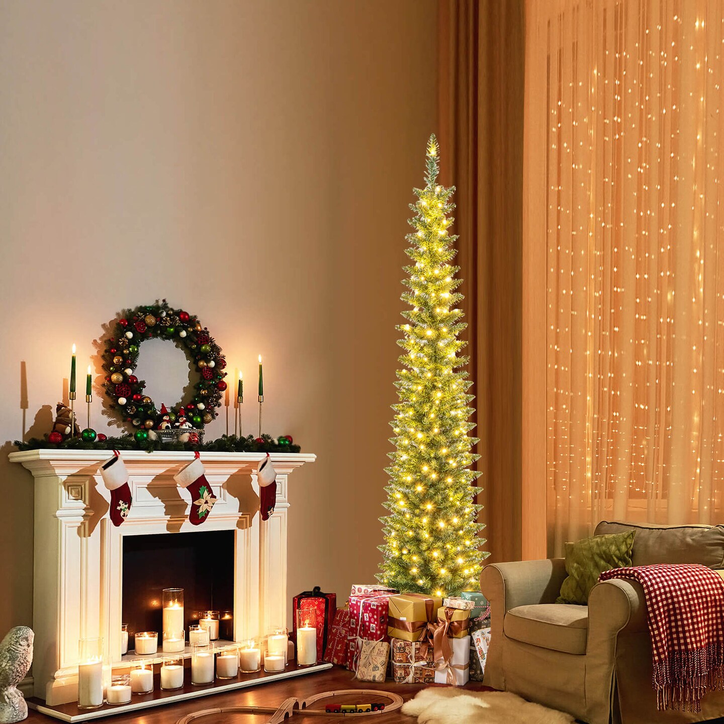 Costway 5/6/7/99 FT Pre-Lit Pencil Christmas Tree with 400 LED Lights &#x26; 699 Branch Tips Party