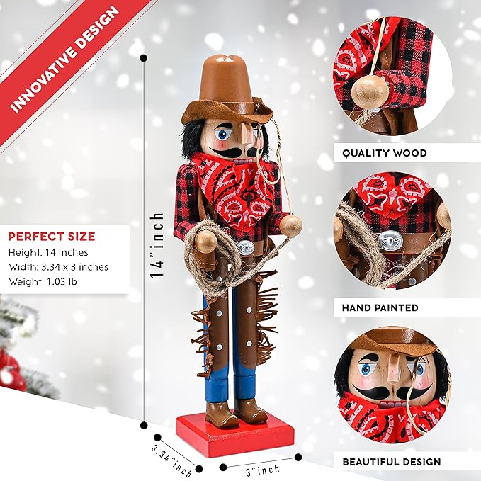 Christmas Western Cowboy Nutcracker &#x2013; Brown and Red Wooden Nutcrackers Cow Boy with a Rope and Lasso Xmas Themed Holiday Nut Cracker Doll Figure Decorations 14&#x22;