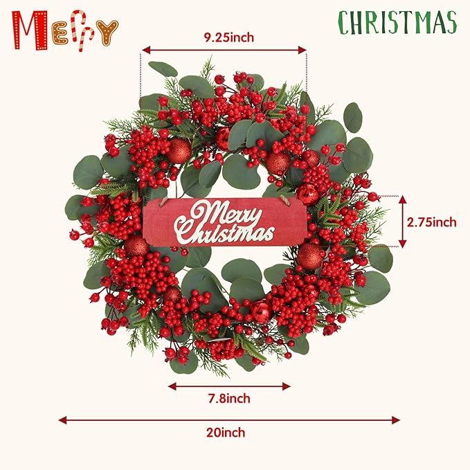Christmas Wreath with Lights, 20inch Pre Lit Winter Wreath for Front Door, Artificial Door Wreaths with Berries Pine Needles 8 Lighting Modes Timer for Fireplace Window Farmhouse Xmas Decor