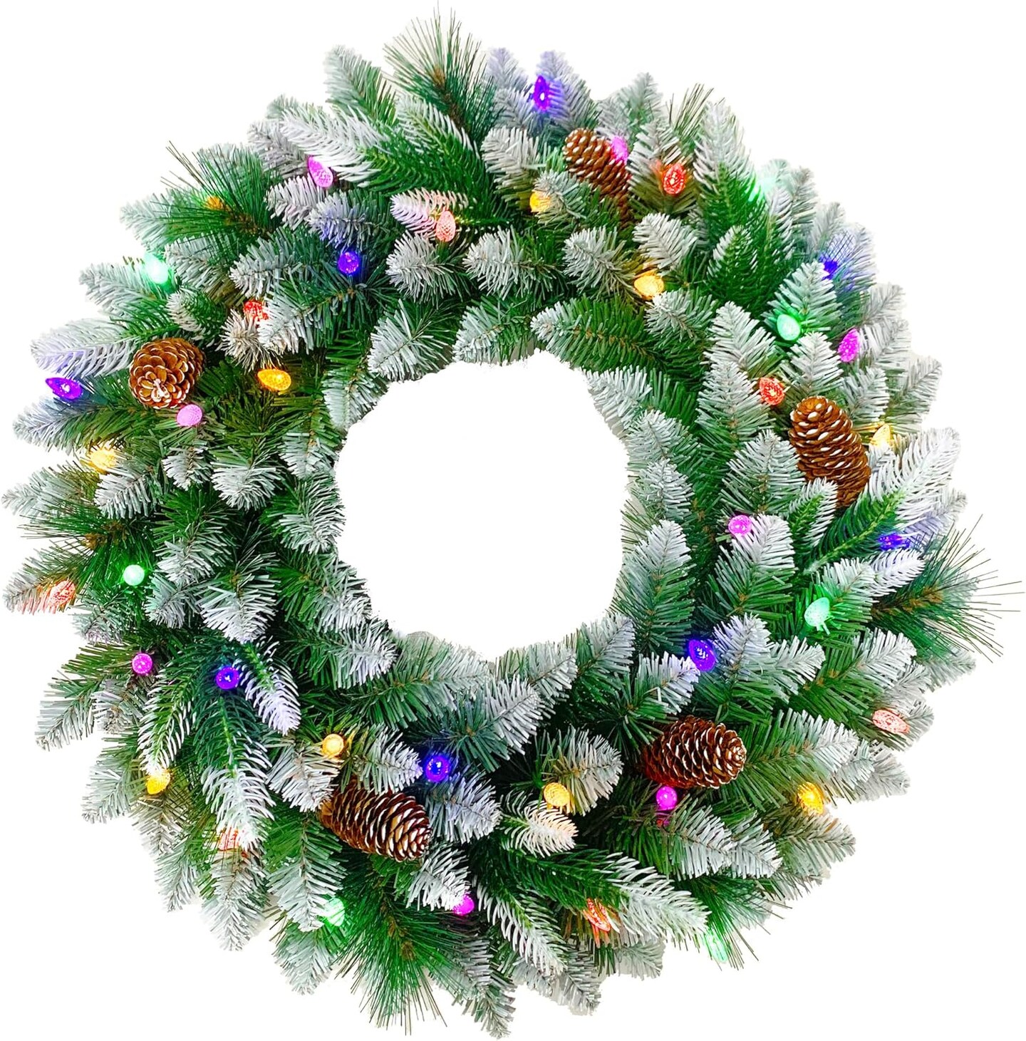 26 inches Pre-lit Snow-Kissed Artificial Christmas Wreath with Pine Cones, 40 C3 Dual-Color Multi-Functional Battery Operated LED Lights with Timer