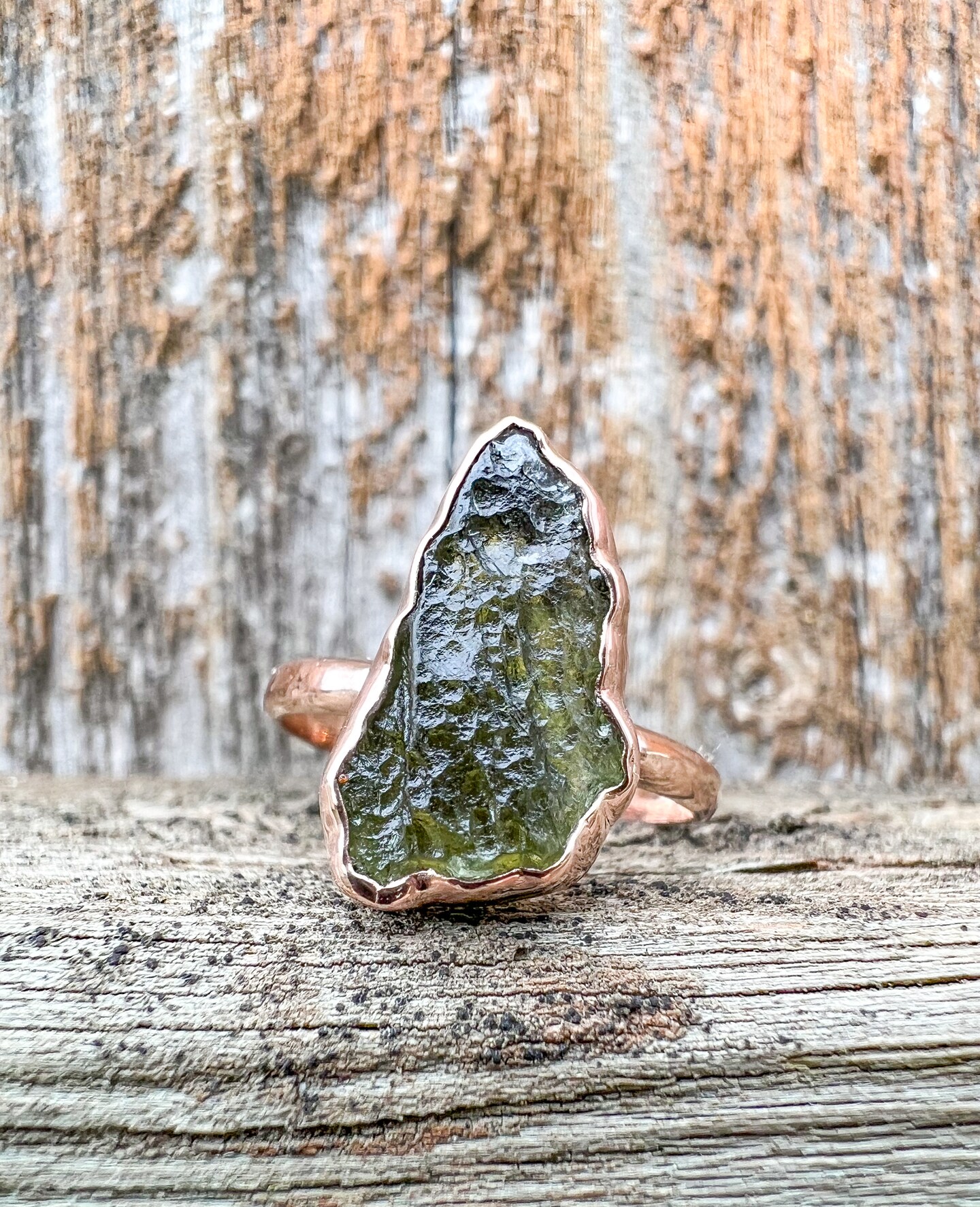 Raw Moldavite Ring, Copper Electroform