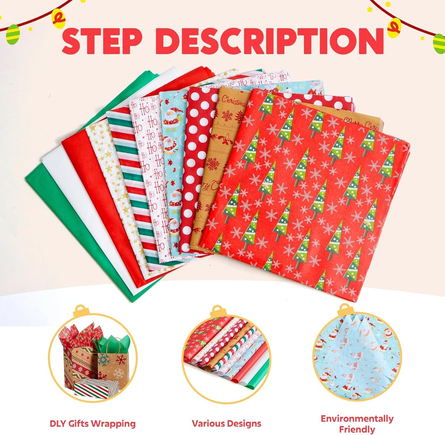 150 Sheets Christmas Tissue Paper Assorted Design; Easy and Fast Gift Wrapping Accessory Perfect for Present Boxes, Xmas Gift Wrapping Bags and Wine Bottles
