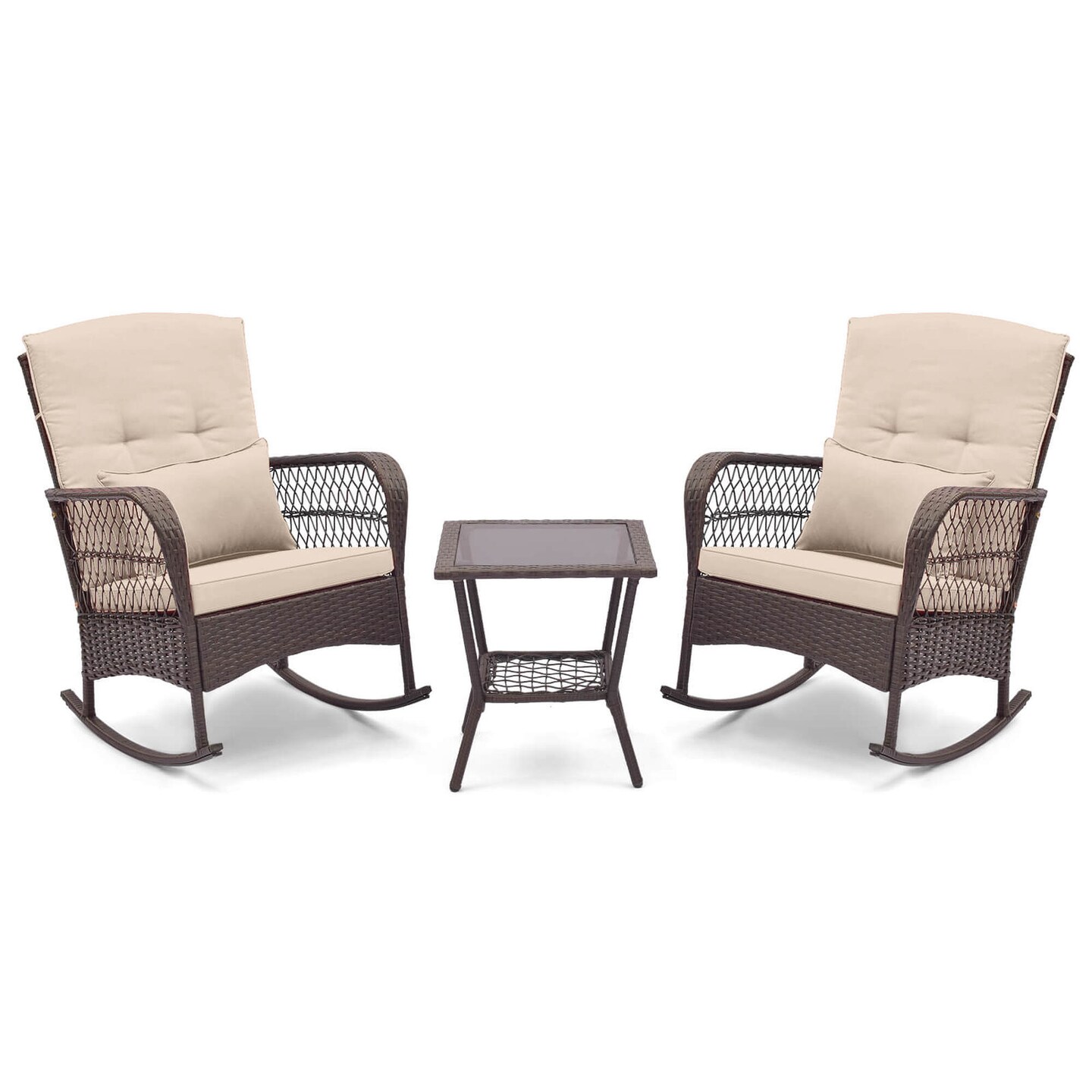 Costway Patio 3PCS Rocking Wicker Bistro Set 2 Rocker Chairs Tempered Glass Side Table