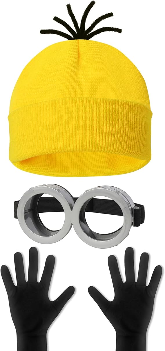 3 Pcs Halloween Costume Accessories Adult,Goggles Glasses/Yellow Beanie/Gloves for Men Women Cosplay Party Set