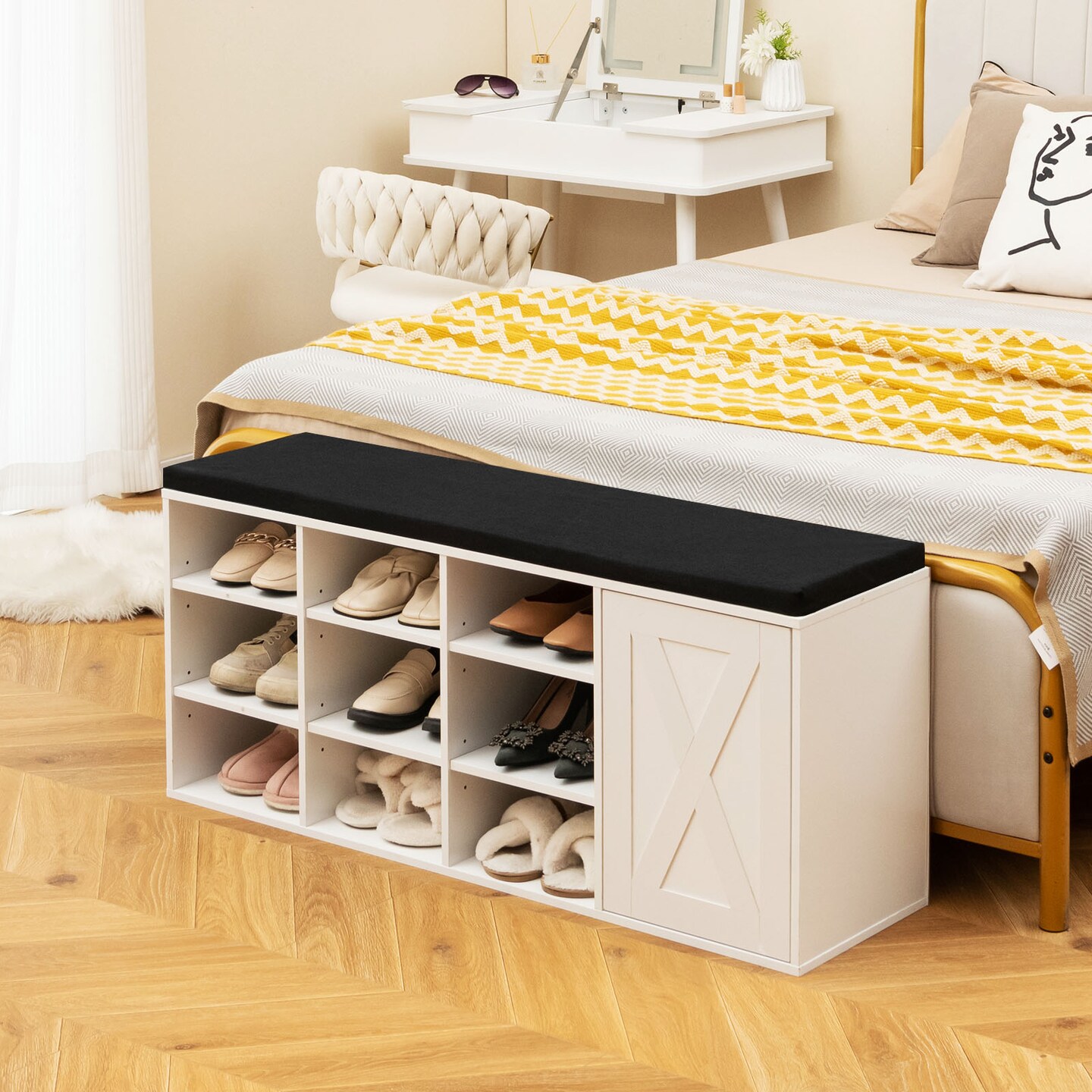 White Engineered Wood Shoe Bench with Adjustable Racks and Padded Cushion
