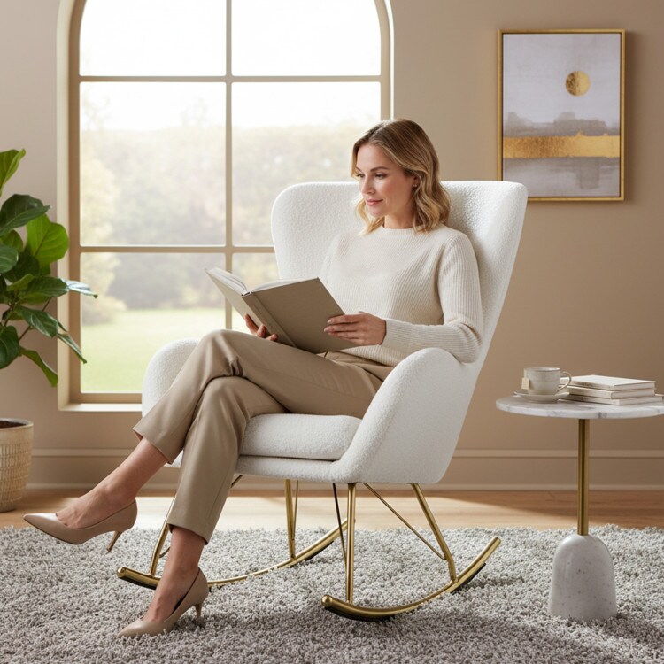 White and Gold Rocking Chair with Teddy Fleece Cushion and Ergonomic Backrest Metal Frame