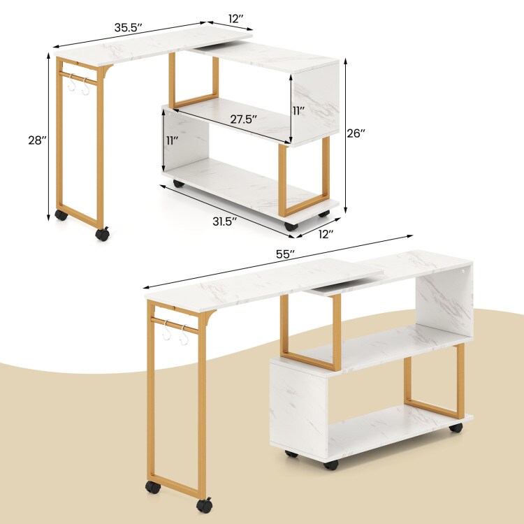 Modern White and Gold Rotating End Table with Storage Bookcase Rolling Sofa Side Desk