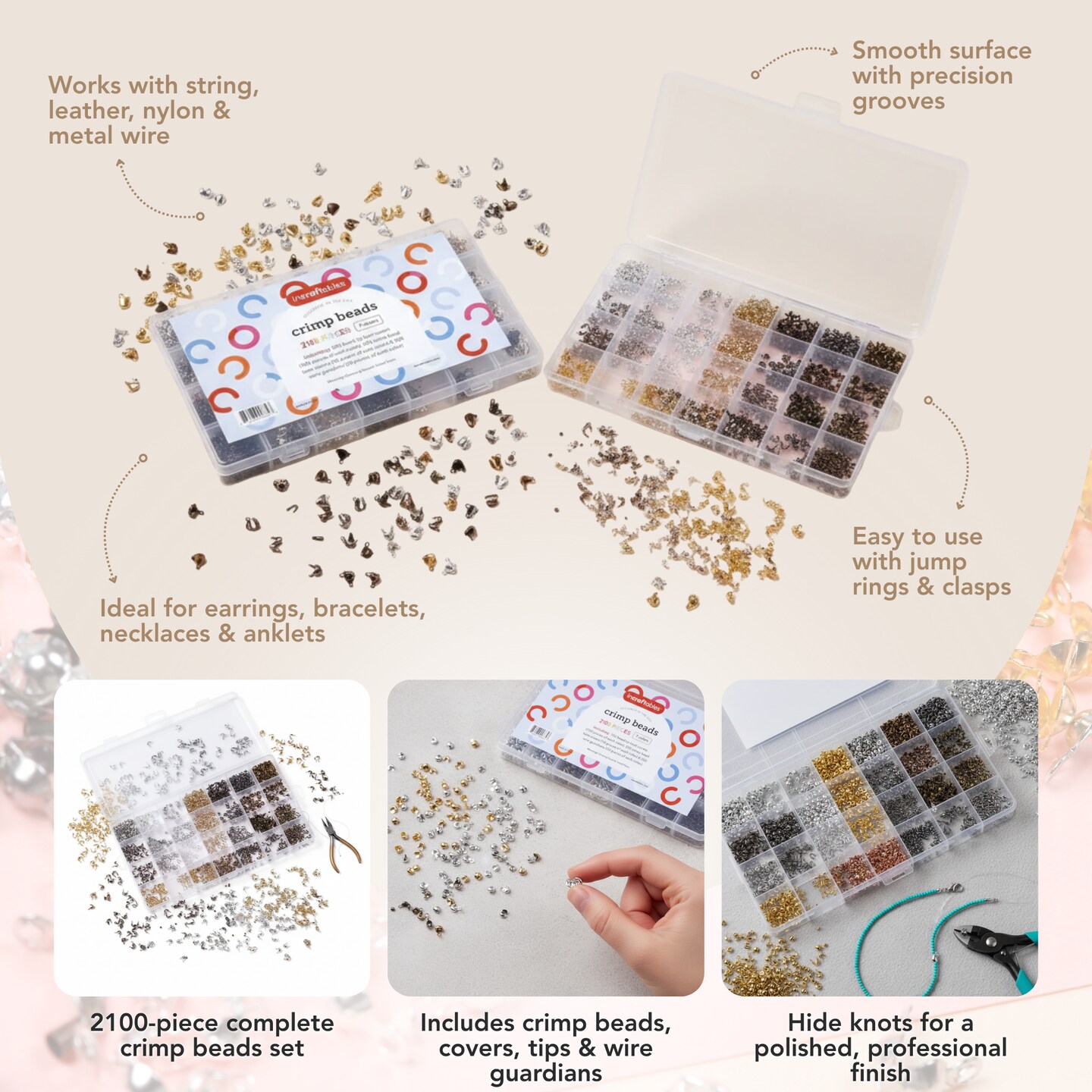 Incraftables Crimp Beads and Covers for Jewelry Making (2100 pcs). Assorted Crimp Beads for Jewelry Making (7 colors). Best Crimp Bead Covers, Crimp Tubes, Crimping Tips Knot Covers & Wire Guardians