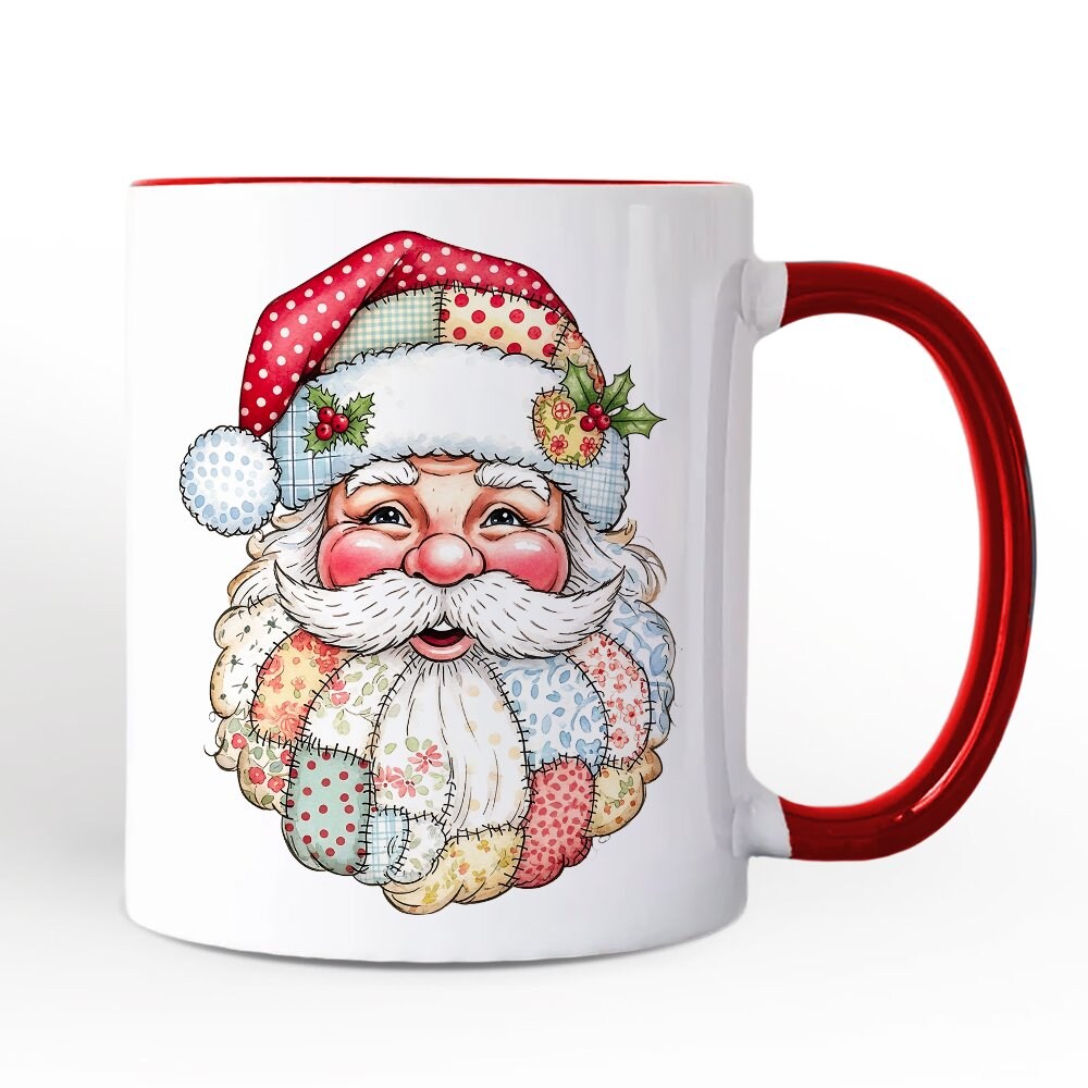 Patchwork Santa Claus Mug, Retro Christmas Holiday Gift