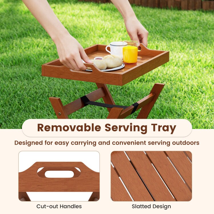 Natural Wood Folding Tray Table with Removable Serving Tray for Indoor and Outdoor Use