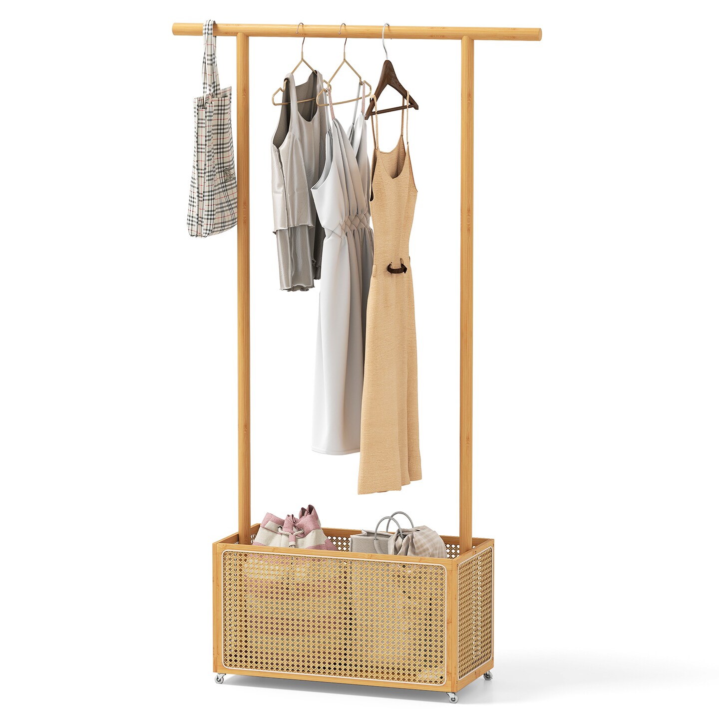 Clothes Rack with PE Rattan Storage Basket Freestanding Garment Organizer with Hanging Rod