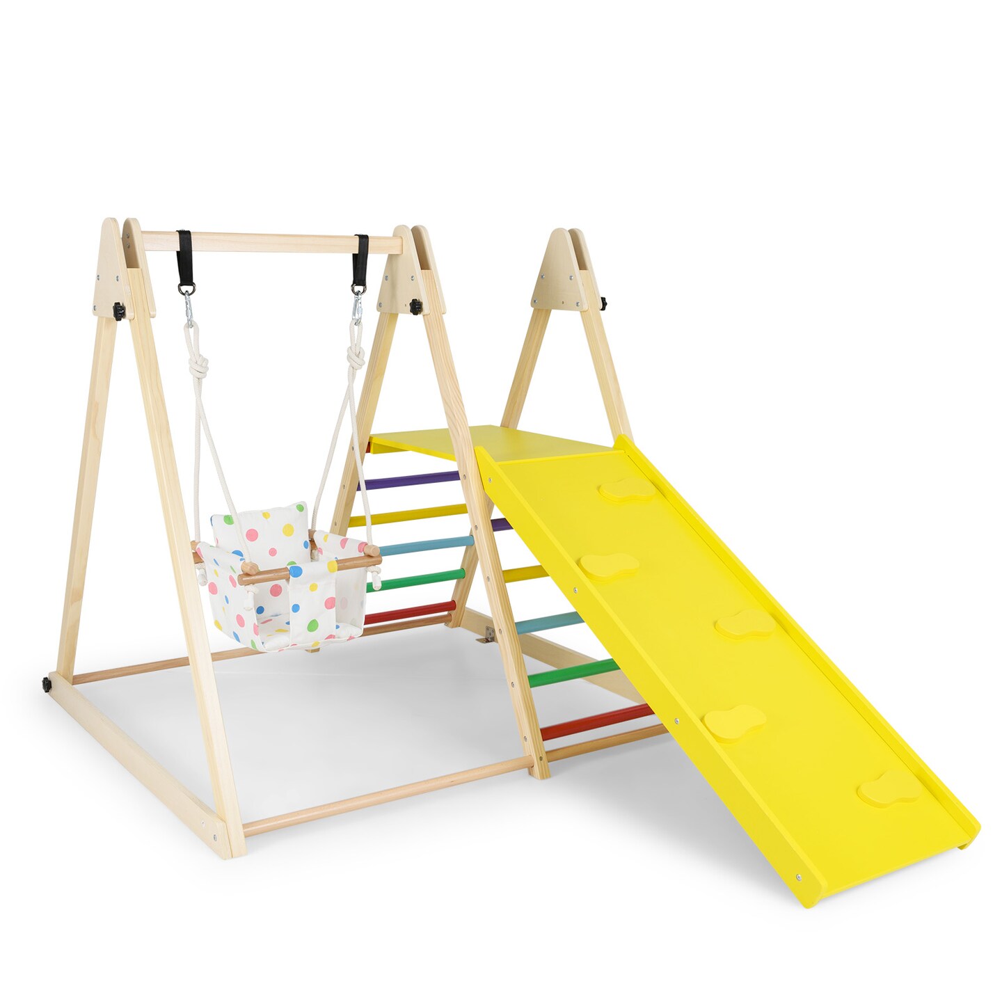 Indoor Wooden Jungle Gym 4 in 1 Montessori Climber with Kids Swing Climbing