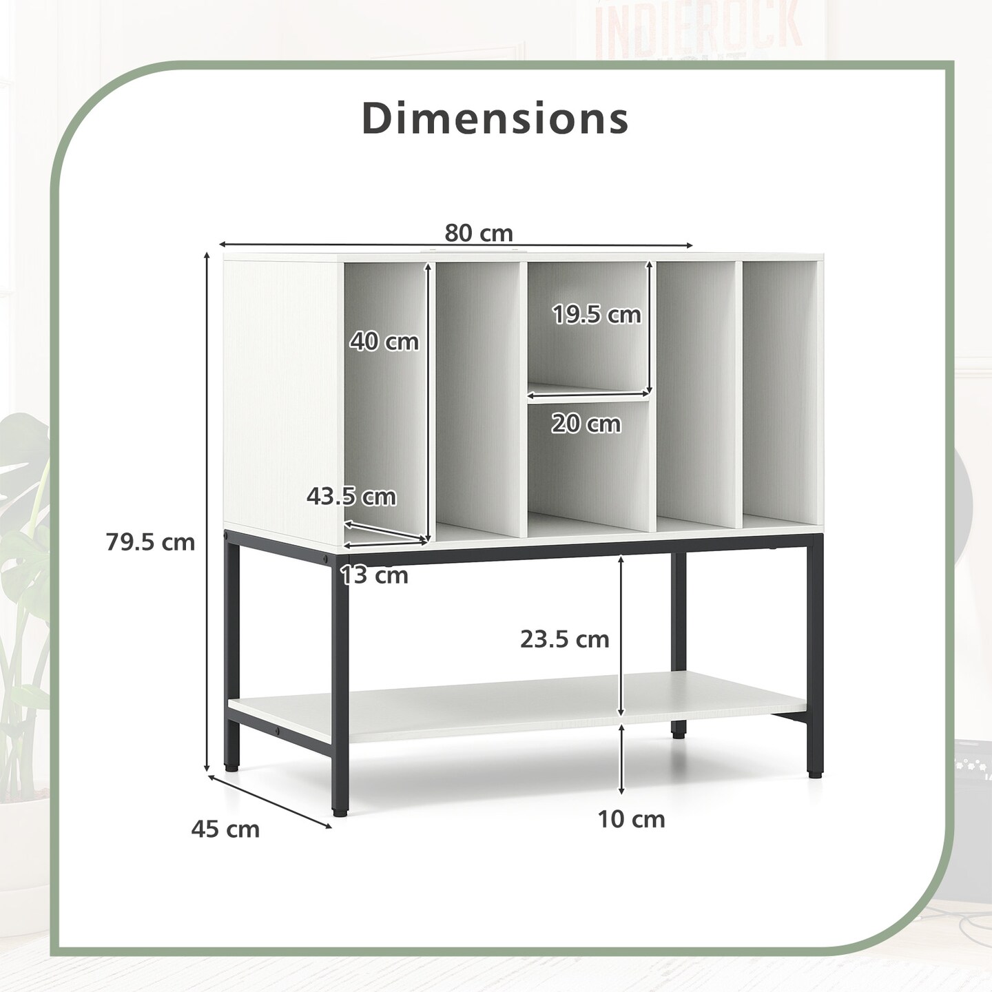 Record Player Stand with Charging Station Vinyl Storage Cabinet with 6 Compartments Metal Frame Turntable Table