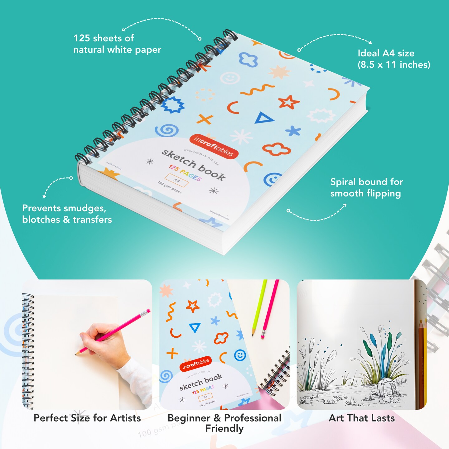 Incraftables Art Sketchbook (125 Pages) Hardcover & Spiral Bound 8.5” x 11” Sketch Book