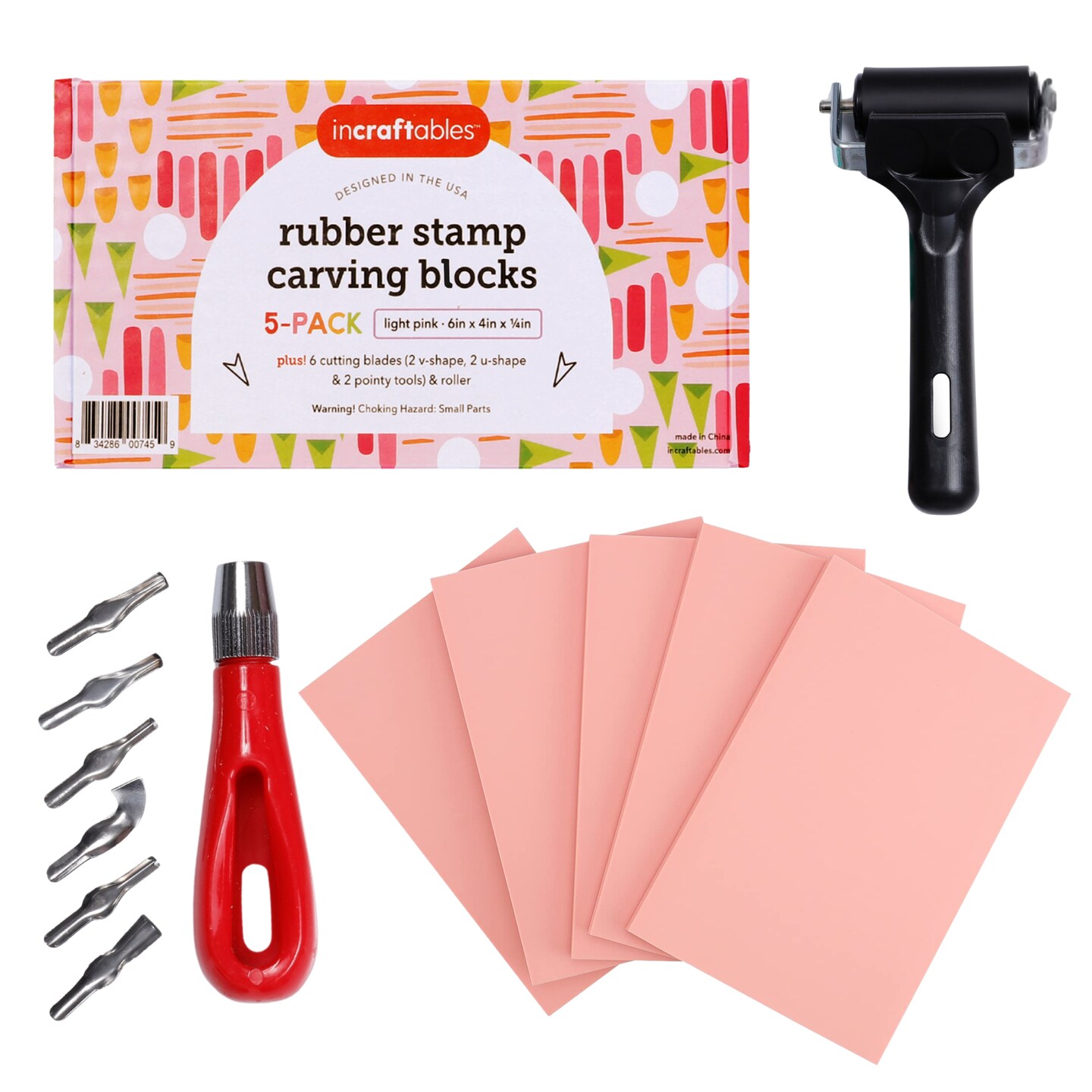Incraftables Rubber Stamp Kit (5-Pack). Linoleum Block Kit with Cutting Blades Tools (6pcs). Block Printing Kit (6in x 4in x ¼ in) Light Pink Color. Best Carving DIY Stamp Making Kit for Printmaking