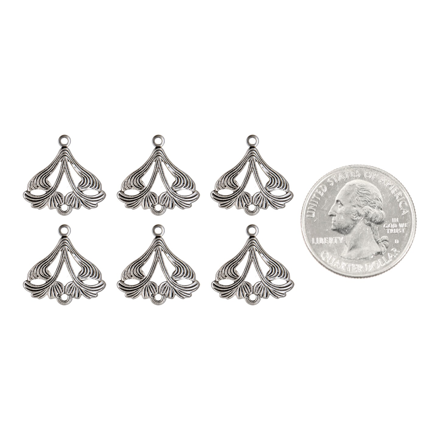 Pewter Plated Brass Leafy Triangle Two Ring Connectors Set of Six P-2C48