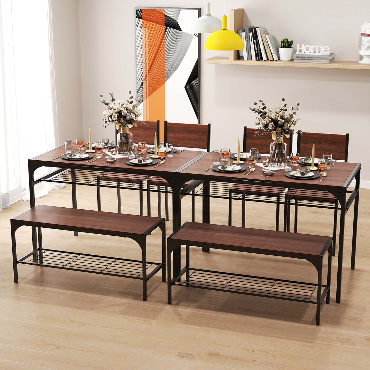 Costway Dining Table Set for 4 Rectangular Table with 2 Chairs, 1 Bench, Storage Racks Rustic Brown/Gray/Brown