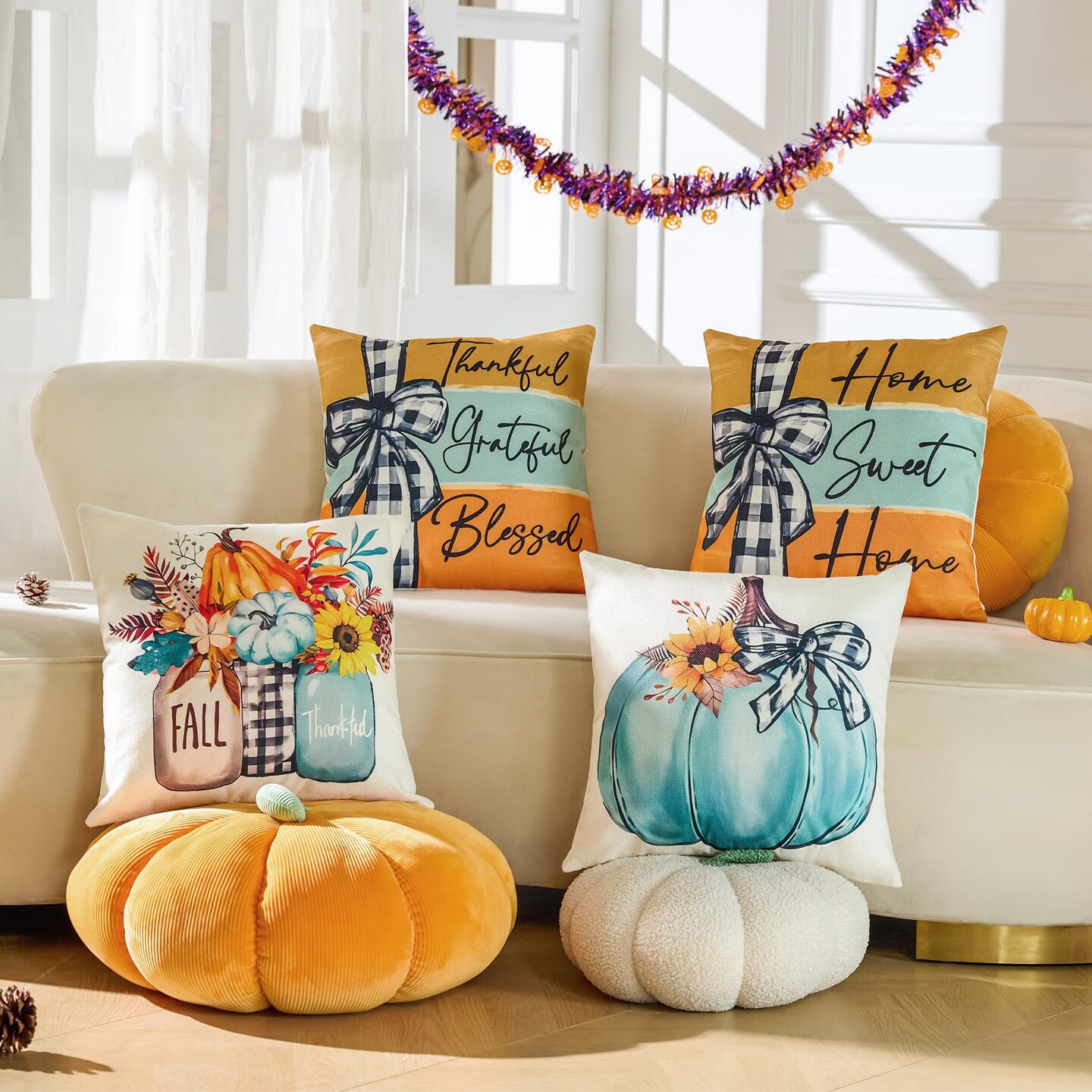 Fall Decorations for Home-Throw Pillow Covers 18x18 in Set of 4,Pumpkin Linen Pillow Case for Thanksgiving Couch Autumn Holiday Outdoor Burnt Orange Blue White Decor