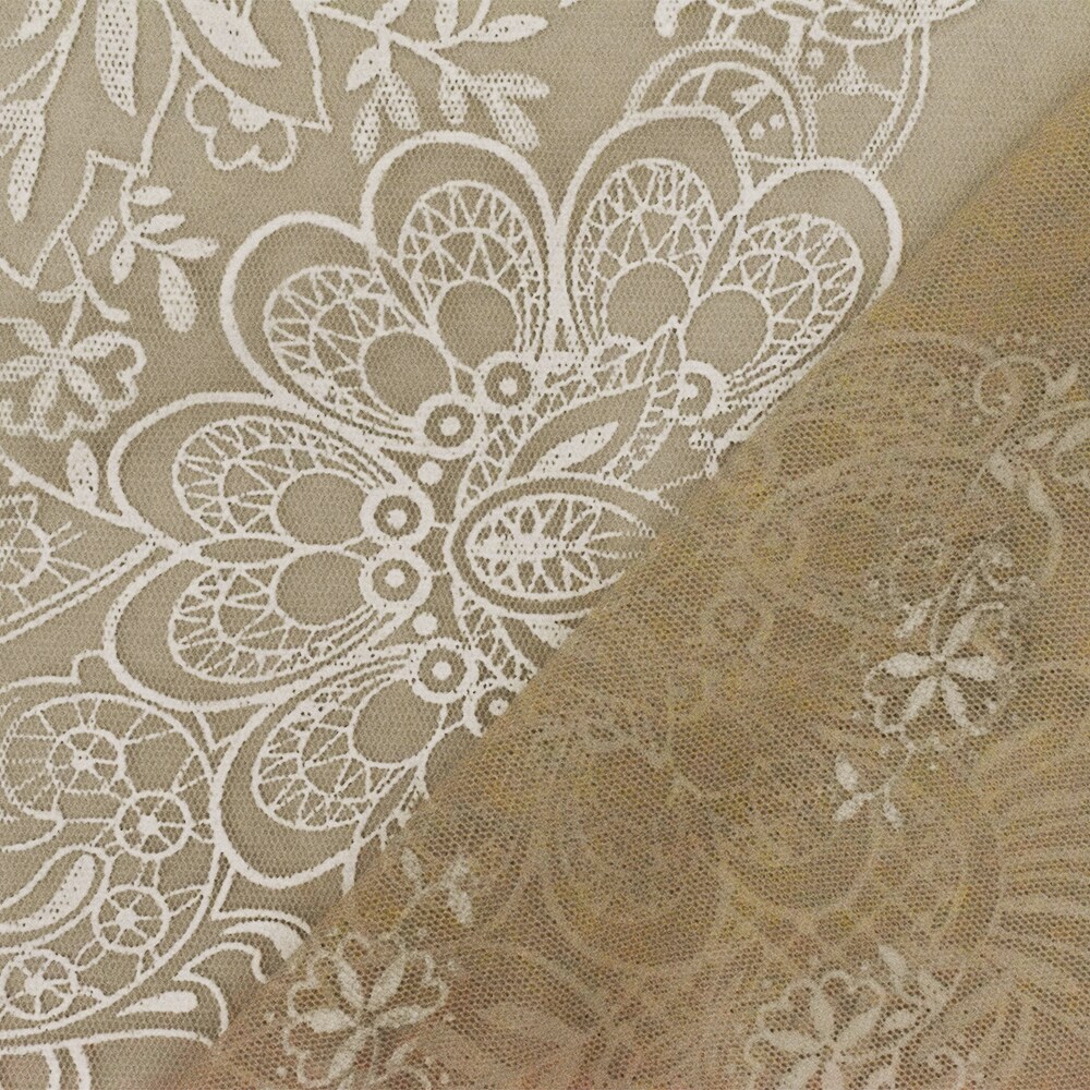 Sand Beige-White Floral Border Printed Nylon Mesh Knit Fabric By the Yard