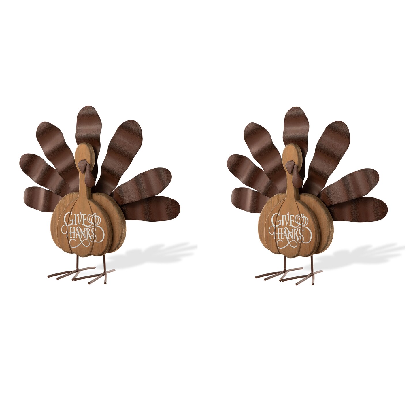 Set of 2 12.25&#x22;L Thanksgiving Wooden &#x26; Metal Turkey Table Decor