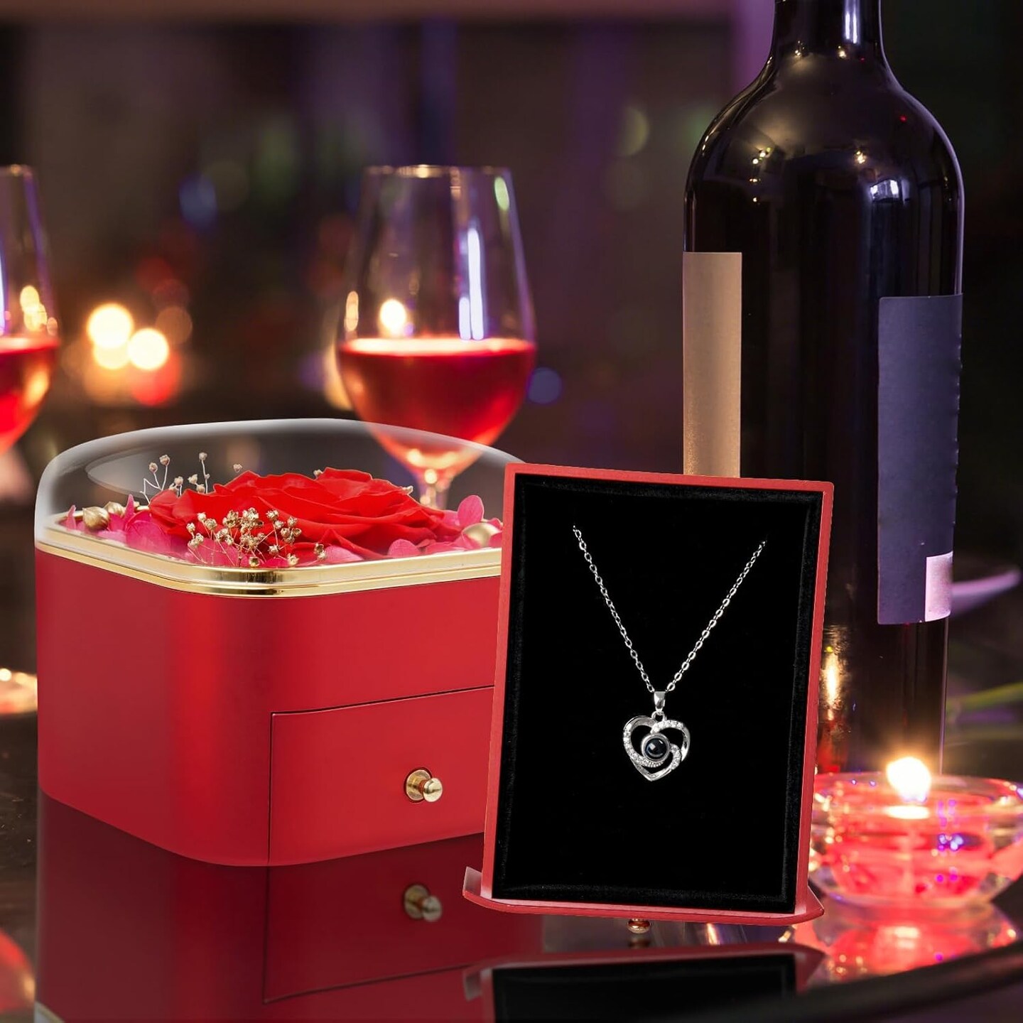 Preserved Red Real Rose with Necklace