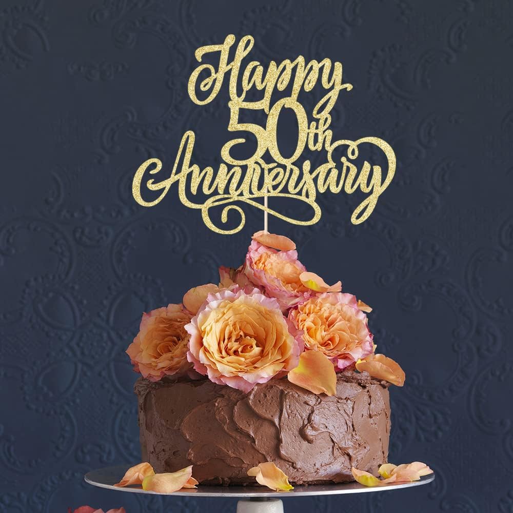 Happy 50th Anniversary Cake Topper - (Gold Glitter) 5"W x 6"H