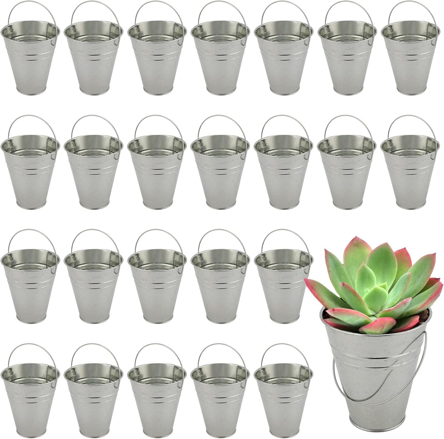 Galvanized Mini Buckets - Tin Pails (Silver) 5"L x 2.6"W x 5"H