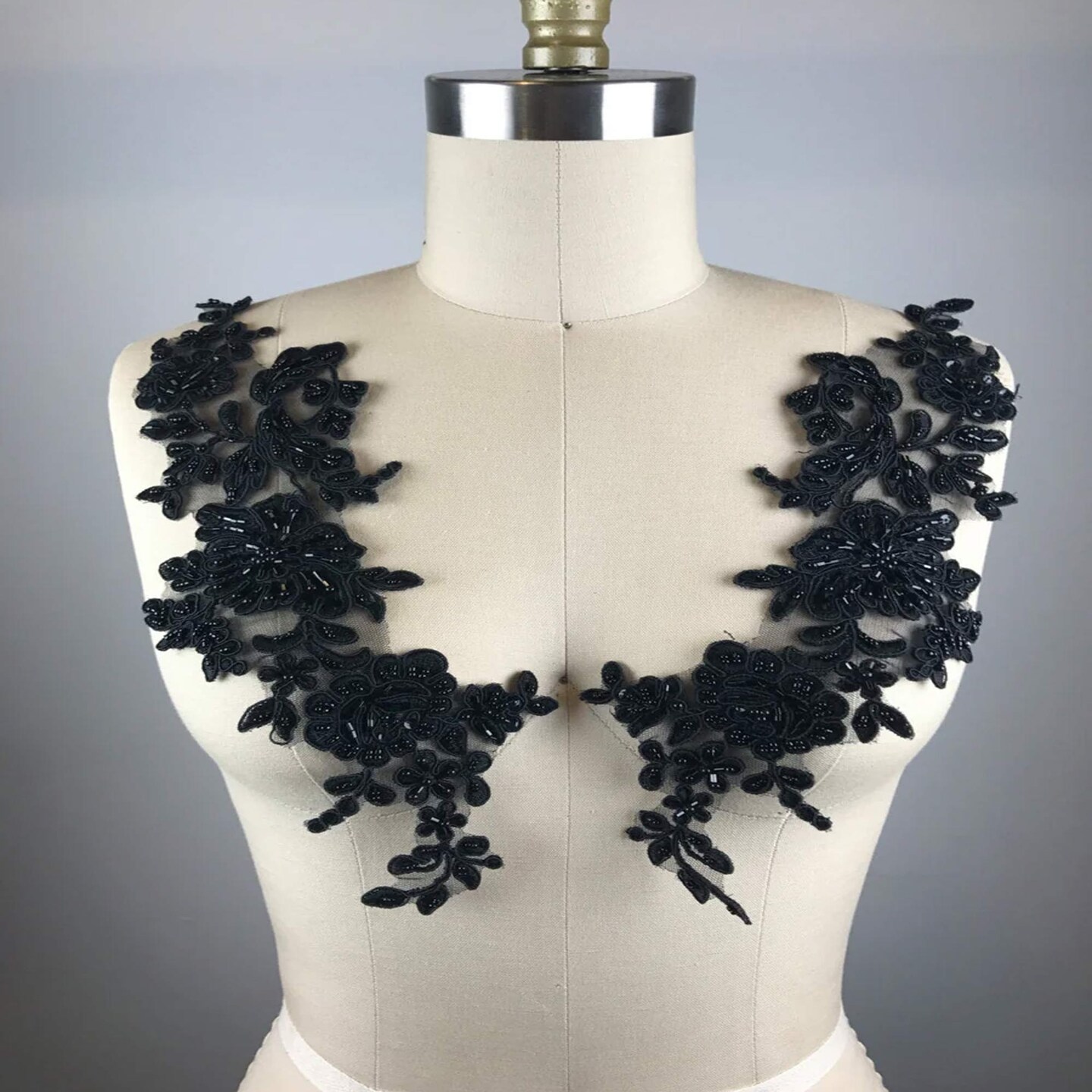 1 Pair Black Lace Applique Mirrored with Delicate Beads and Fine Netting